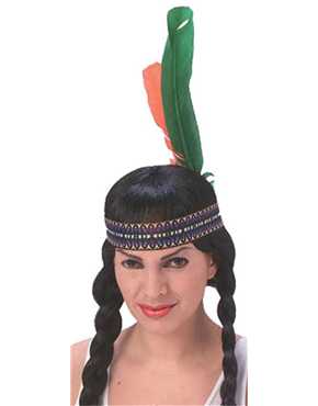Native American headband green& red feathers