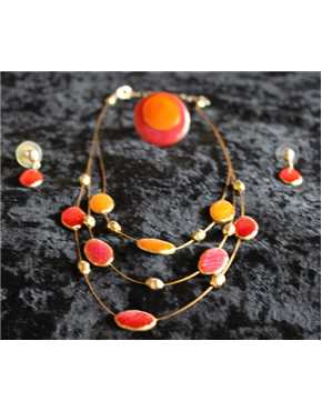 jewelry set necklace,earings,ring, two  tone orange, bright pink and white