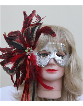 mask silver with red&black feathers